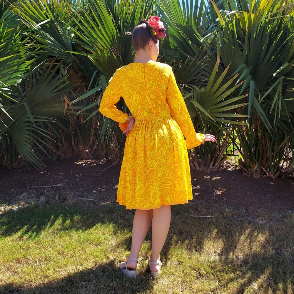 Vtg 60s Hawaiian VLV Novelty Abstract Palm Leaves Print GROOVY Day Dress Sz S/M - Picture 5 of 7